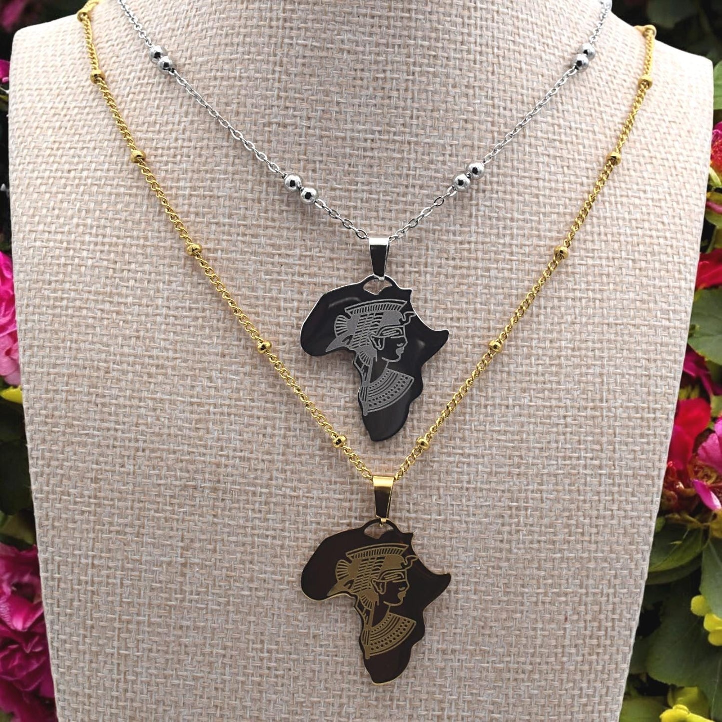 Africa Map Pendant Necklace Afrocentric Charm, Cleopatra Engraving (27x37mm, Gold & Silver Tone Stainless Steel)