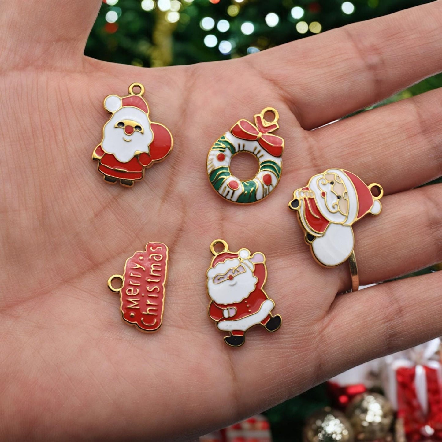 Stainless steel enamel Santa charm in red and white, holiday pendant for Christmas jewelry making.
