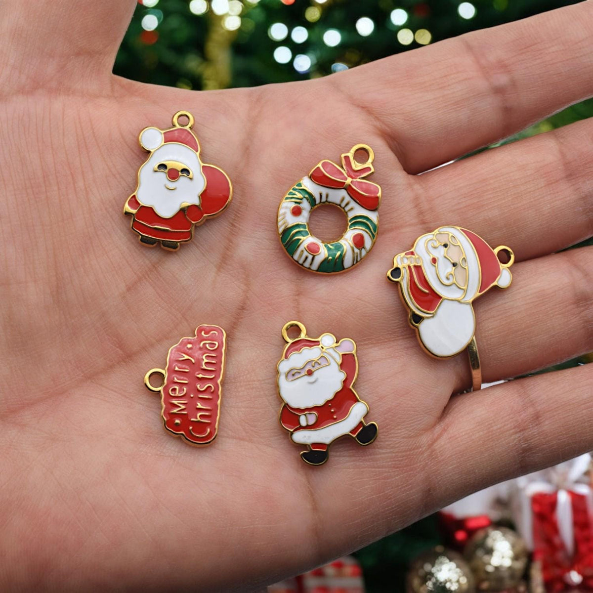 Stainless steel enamel Santa charm in red and white, holiday pendant for Christmas jewelry making.