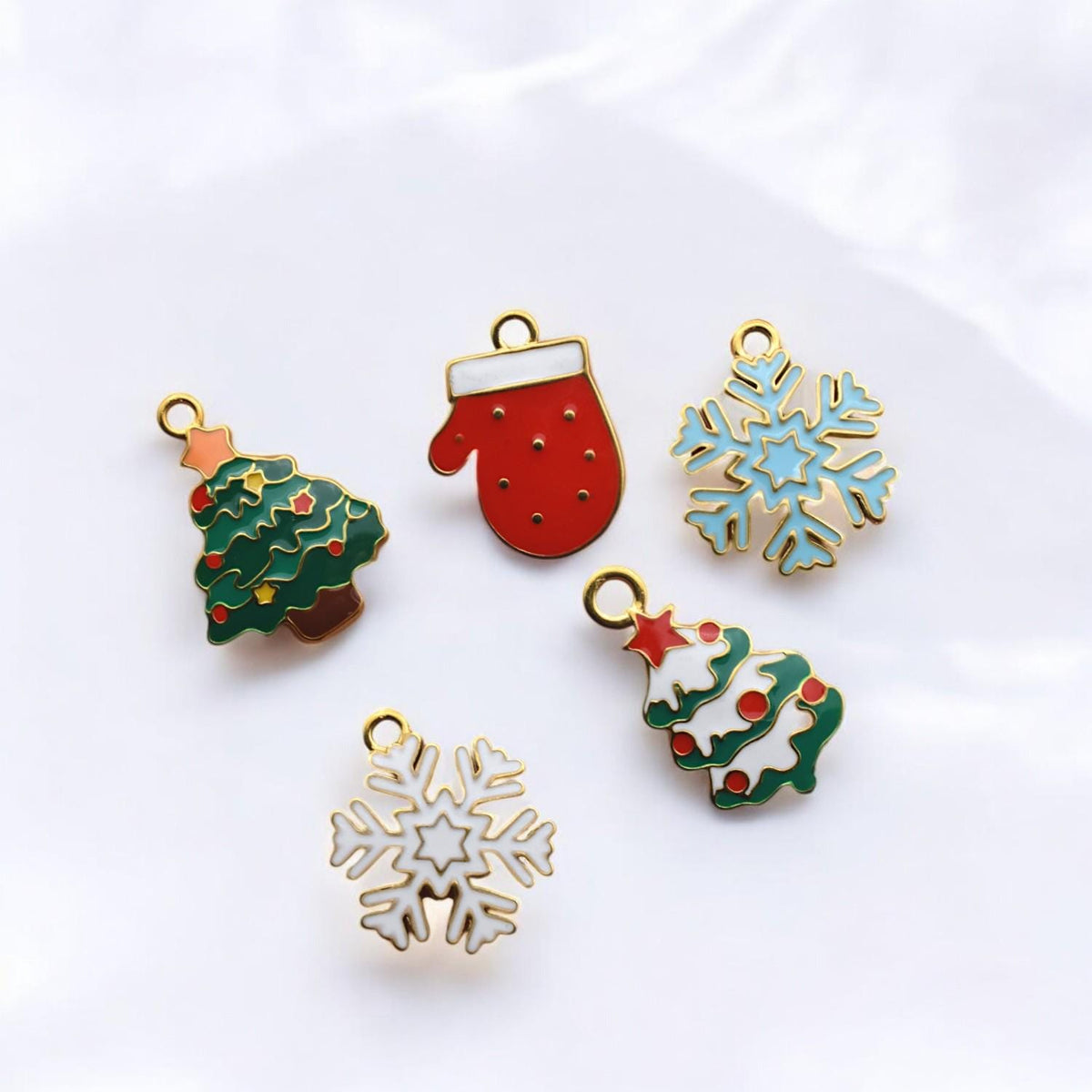 Stainless steel enamel Christmas mitten charm in red and white, holiday pendant for jewelry making.