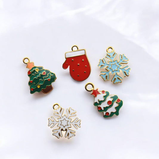 Stainless steel enamel Christmas mitten charm in red and white, holiday pendant for jewelry making.