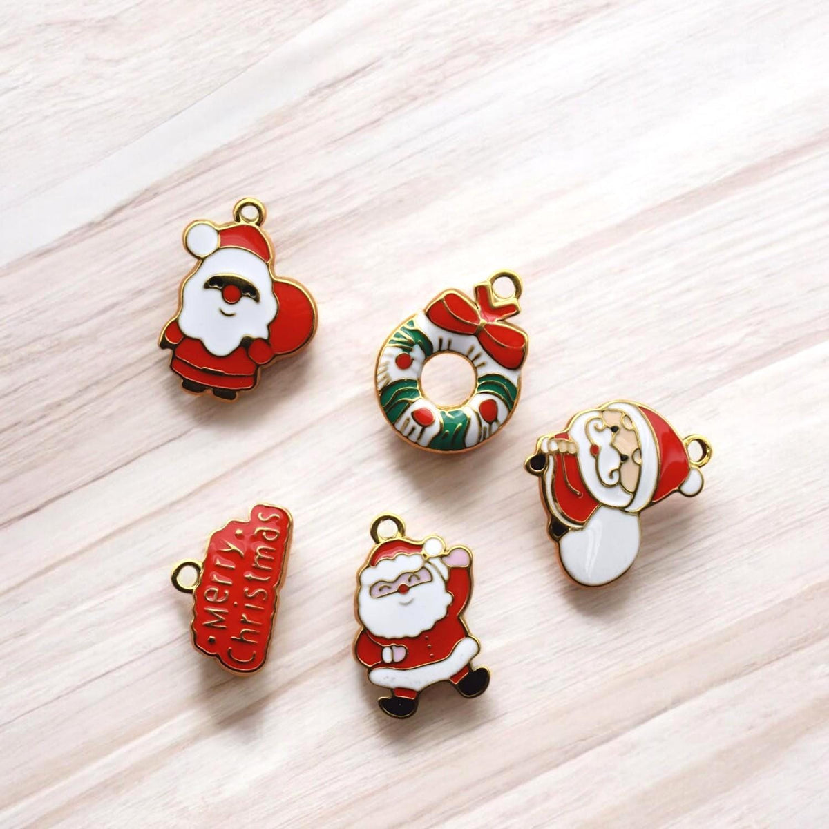 Holiday stainless steel enamel pendants, Santa and wreath charms in red, white, and gold
