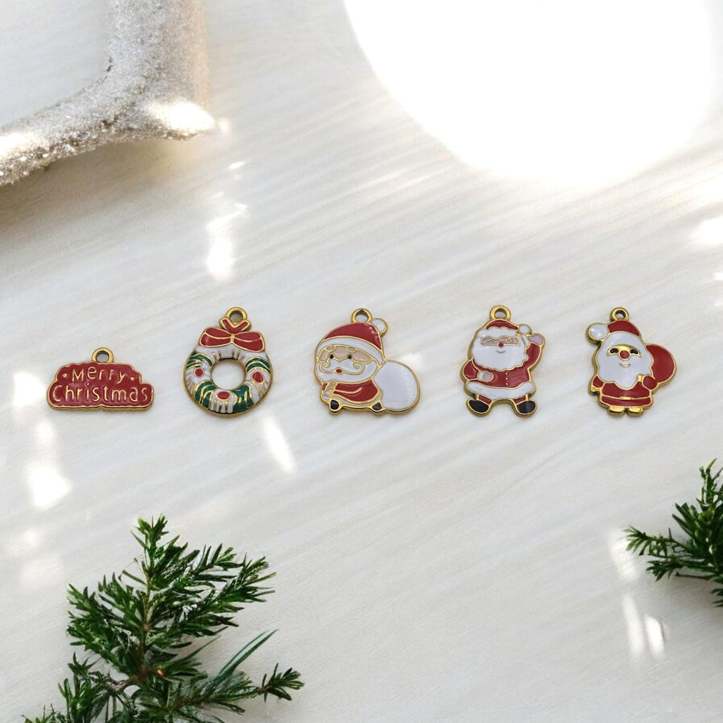 Red and gold enamel Santa charm, stainless steel pendant for Christmas jewelry designs.