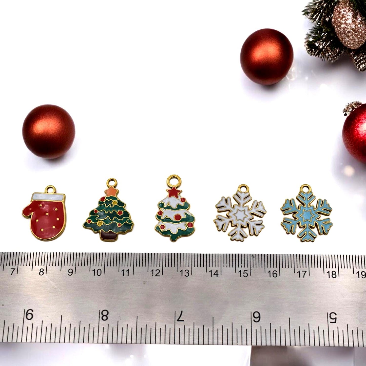 Red and green enamel mitten charm, stainless steel pendant for Christmas crafts.