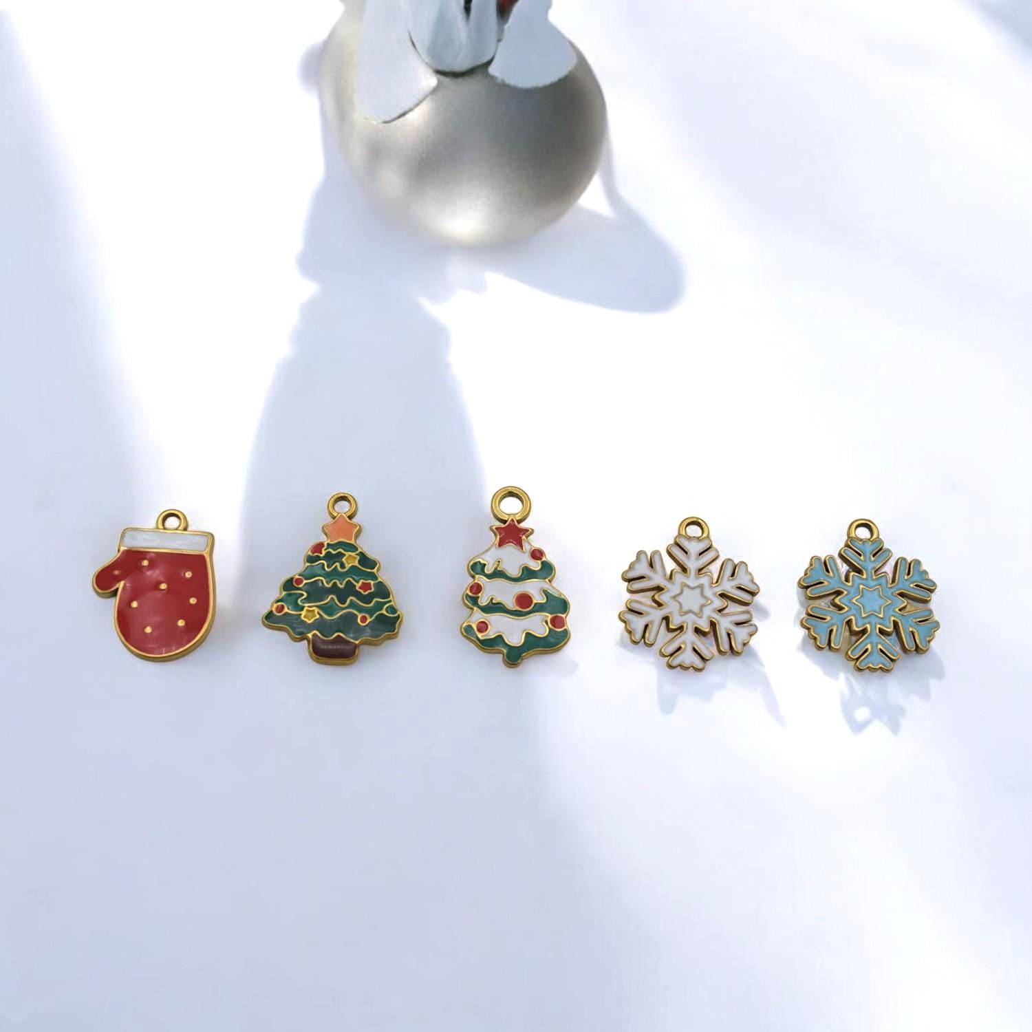 Red enamel mitten charm with gold-tone stainless steel base, holiday pendant for crafts