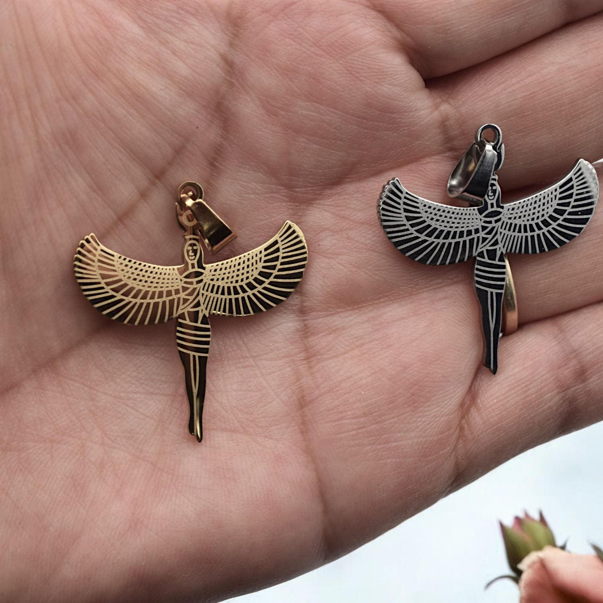 Egyptian Isis Winged Pendant Charm, Protection Amulet (Gold or Silver Tone, Durable Stainless Steel, Smooth Edges, DIY Jewelry Supply)