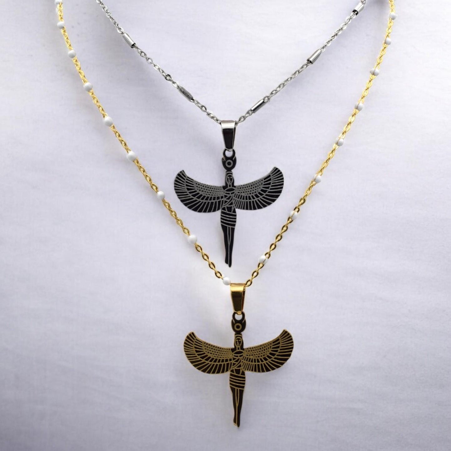 Egyptian Isis Winged Pendant Charm, Protection Amulet (Gold or Silver Tone, Durable Stainless Steel, Smooth Edges, DIY Jewelry Supply)