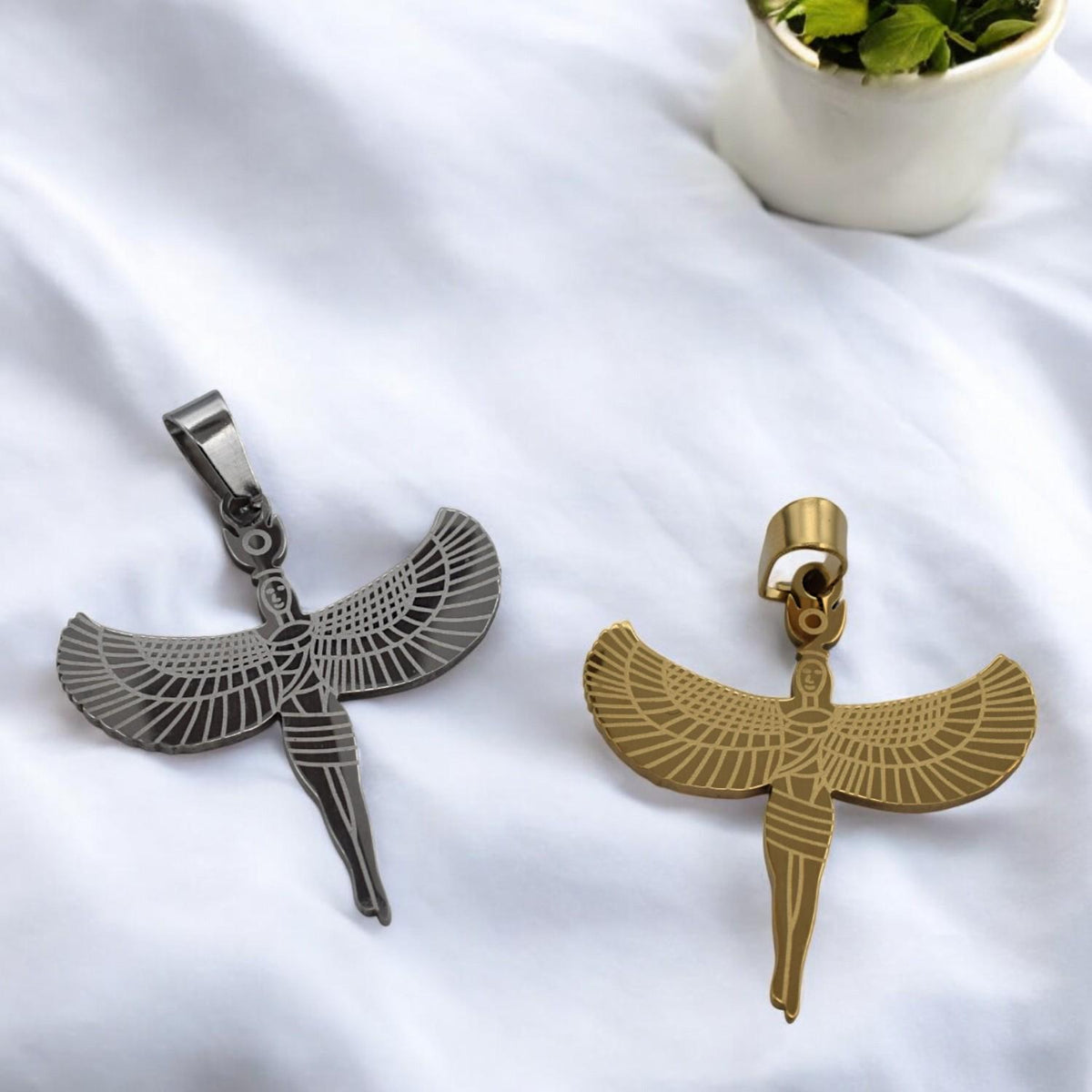 Egyptian Isis Winged Pendant Charm, Protection Amulet (Gold or Silver Tone, Durable Stainless Steel, Smooth Edges, DIY Jewelry Supply)