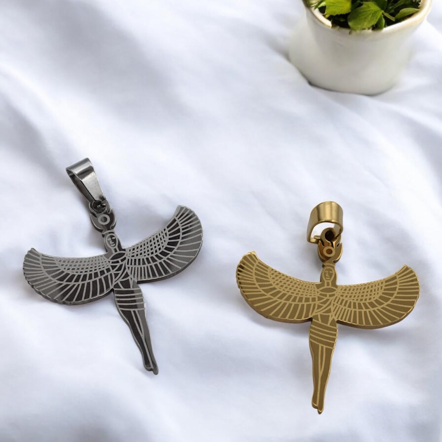 Egyptian Isis Winged Pendant Charm, Protection Amulet (Gold or Silver Tone, Durable Stainless Steel, Smooth Edges, DIY Jewelry Supply)