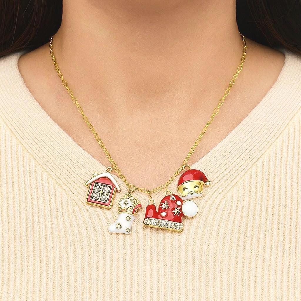 It shows a woman wearing a necklace with all five of the festive holiday charms hanging down in front view on her neck