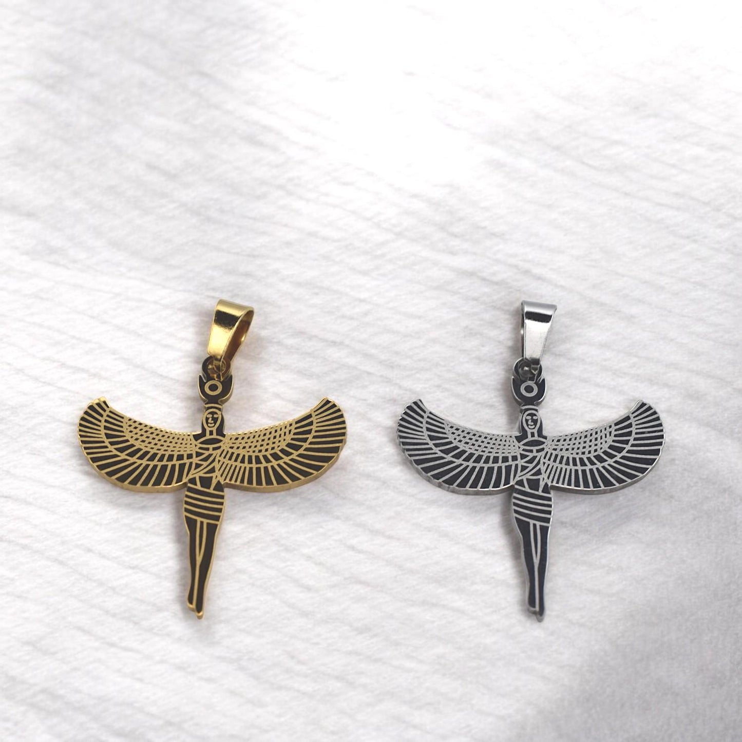Egyptian Isis Winged Pendant Charm, Protection Amulet (Gold or Silver Tone, Durable Stainless Steel, Smooth Edges, DIY Jewelry Supply)