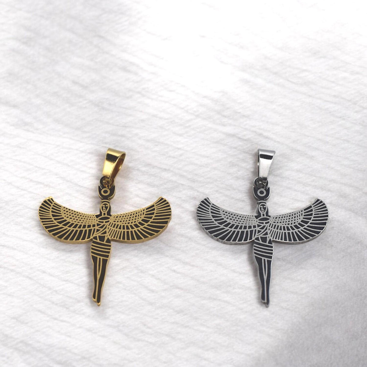 Egyptian Isis Winged Pendant Charm, Protection Amulet (Gold or Silver Tone, Durable Stainless Steel, Smooth Edges, DIY Jewelry Supply)