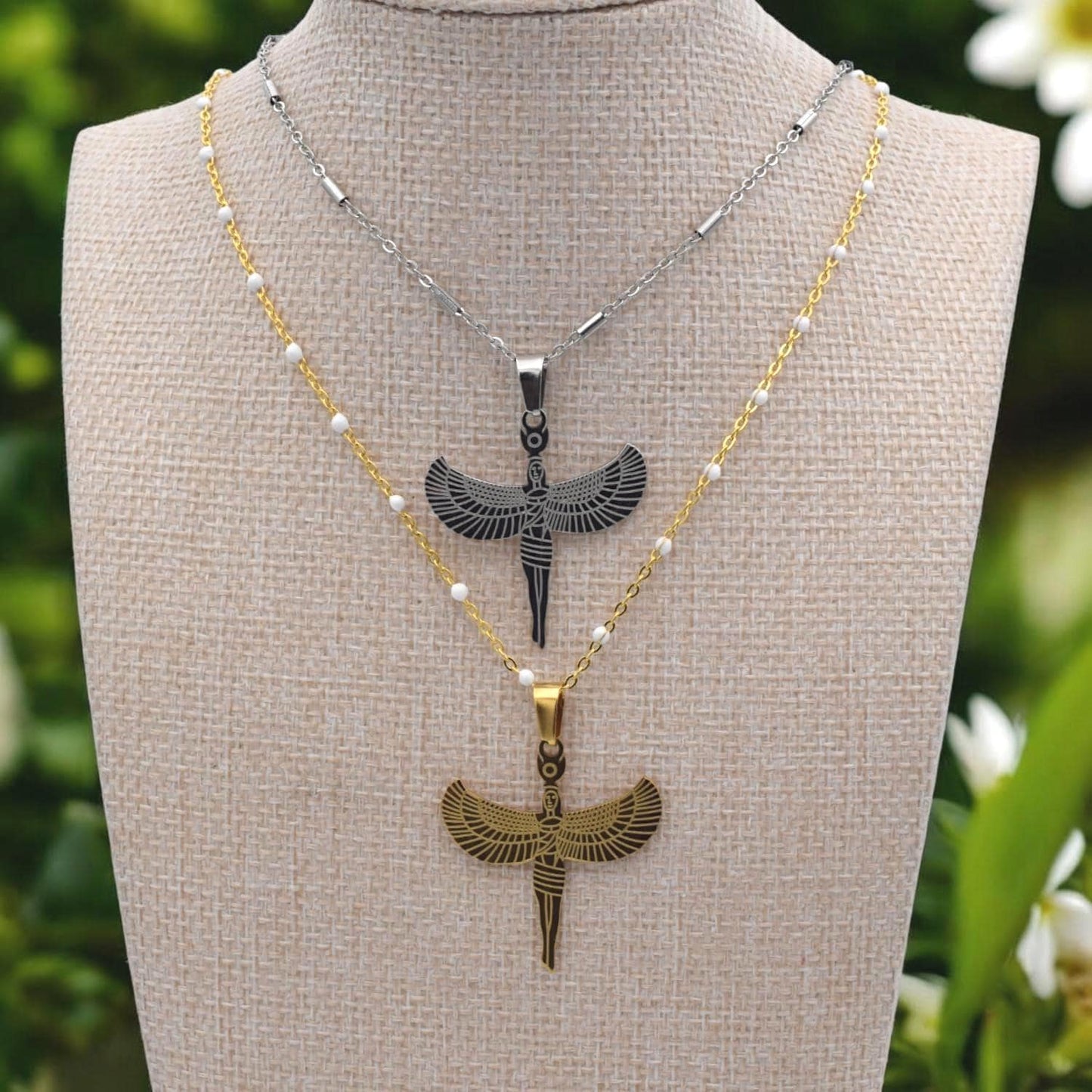 Egyptian Isis Winged Pendant Charm, Protection Amulet (Gold or Silver Tone, Durable Stainless Steel, Smooth Edges, DIY Jewelry Supply)
