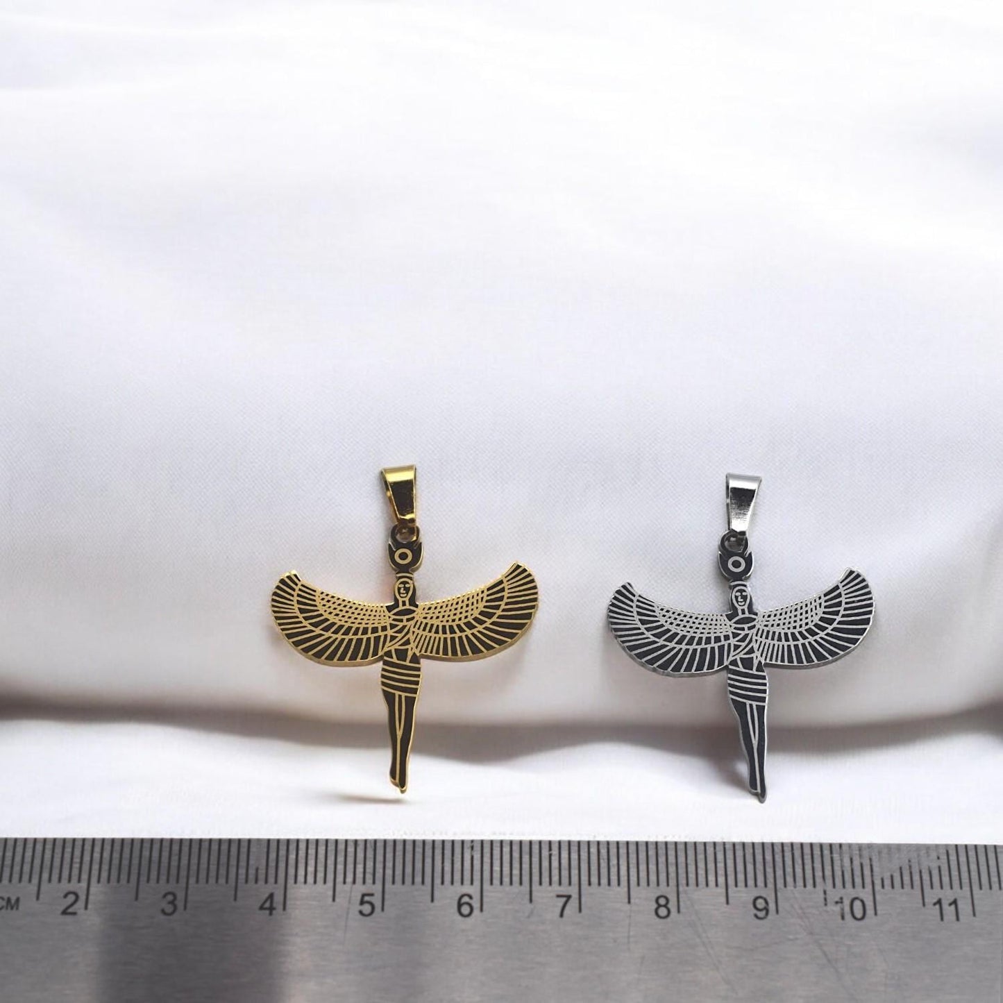 Egyptian Isis Winged Pendant Charm, Protection Amulet (Gold or Silver Tone, Durable Stainless Steel, Smooth Edges, DIY Jewelry Supply)