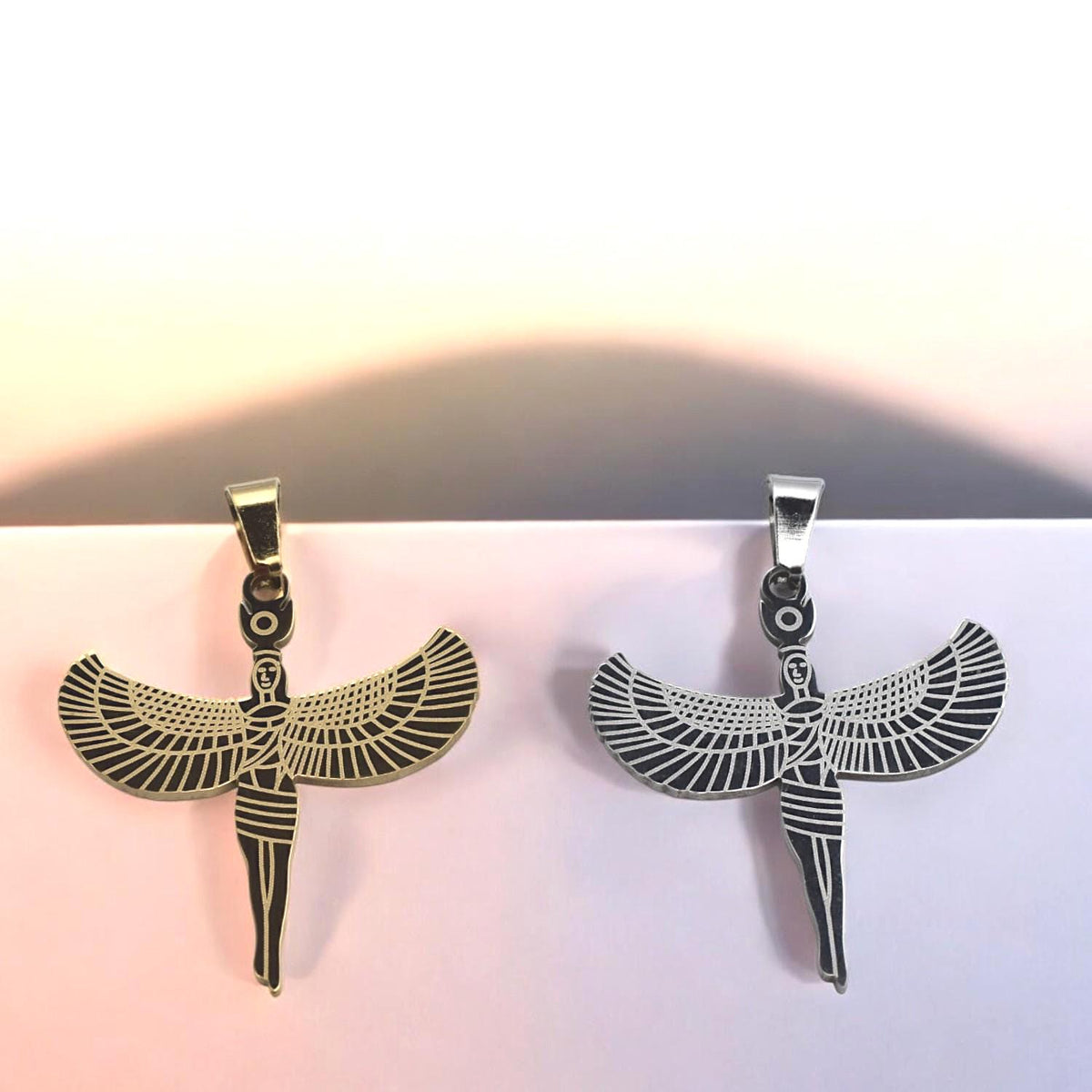 Egyptian Isis Winged Pendant Charm, Protection Amulet (Gold or Silver Tone, Durable Stainless Steel, Smooth Edges, DIY Jewelry Supply)