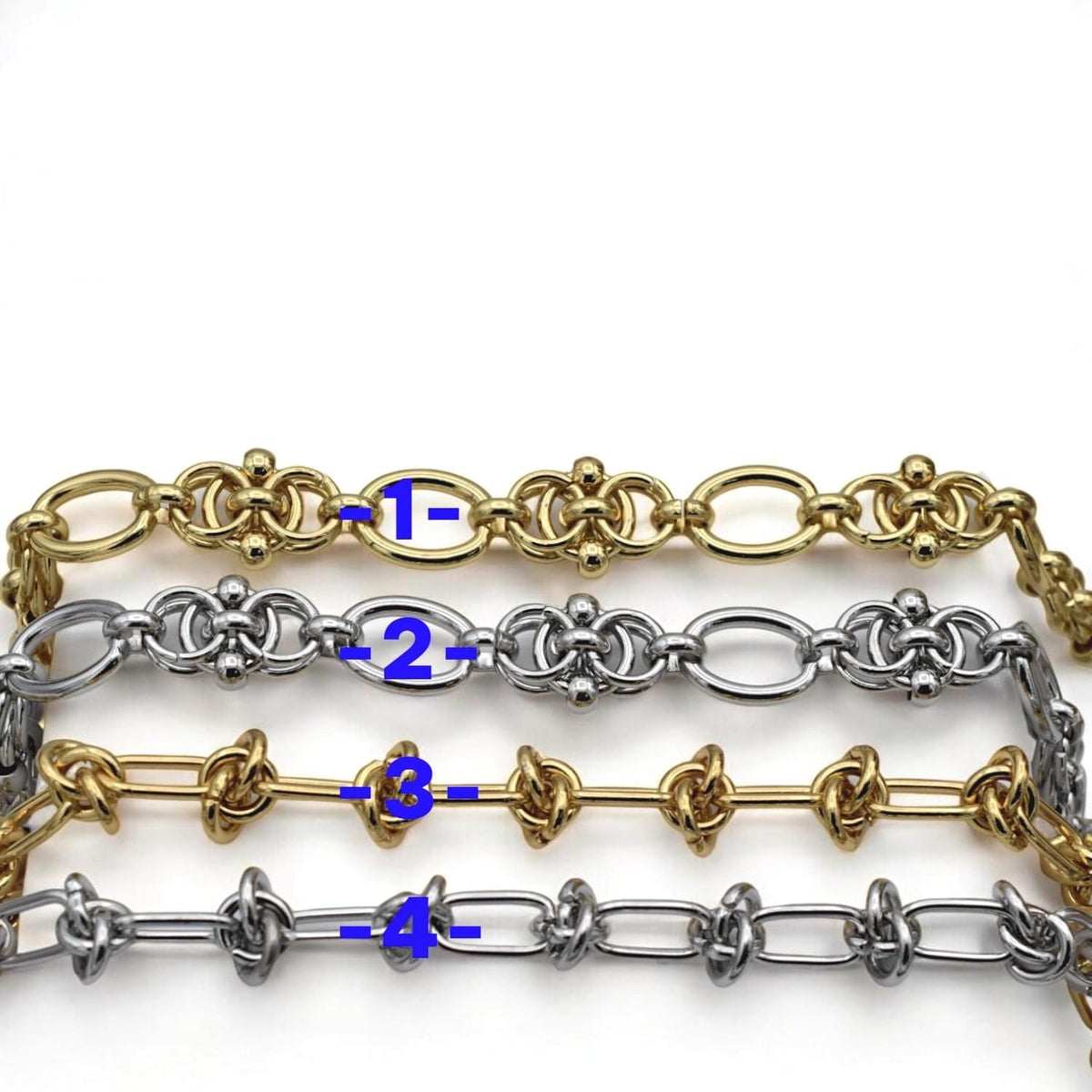 Silver interlocking chain featuring intricate knot details and polished oval connectors, ideal for statement necklaces.