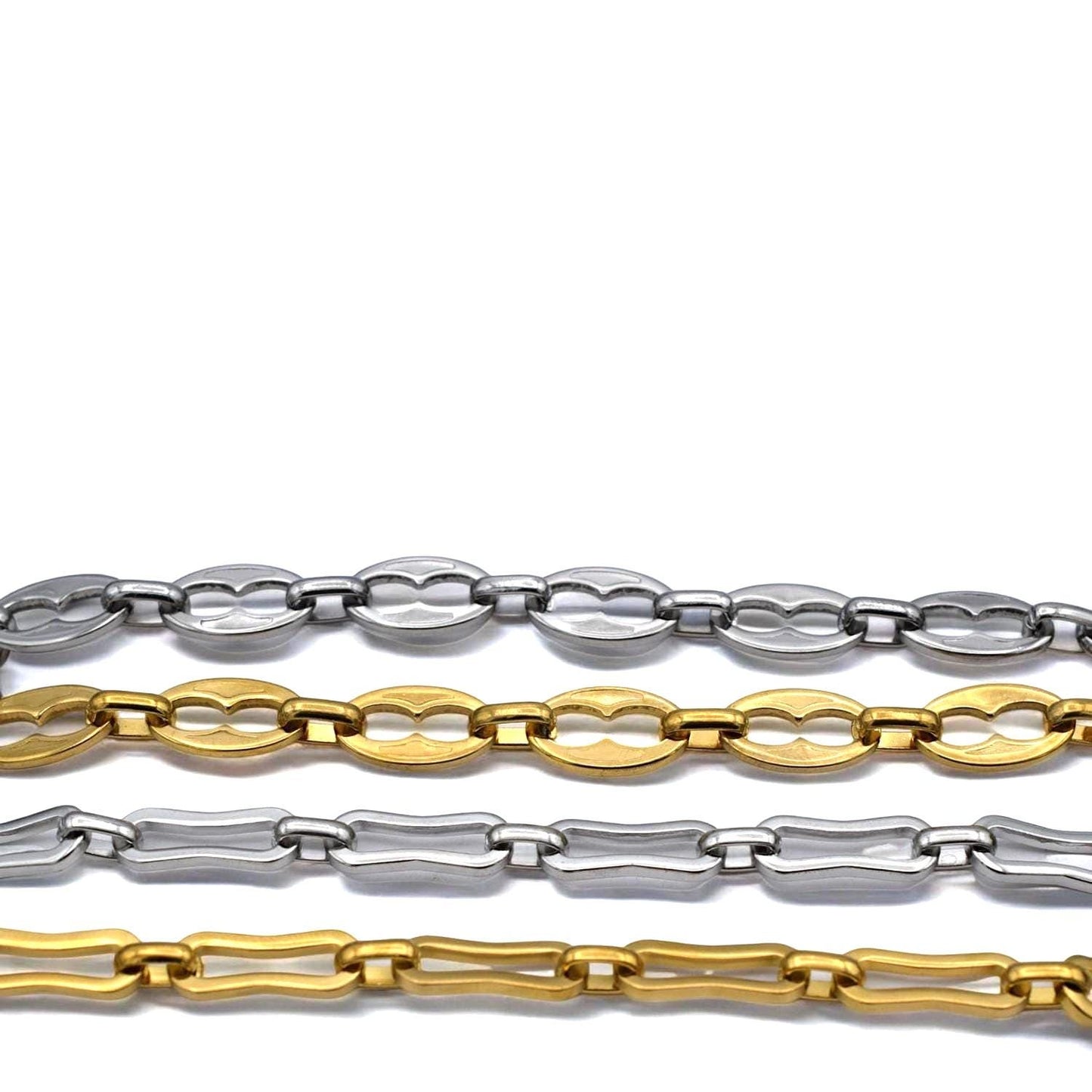 Mixed gold and silver chain styles displayed for DIY necklace and bracelet making