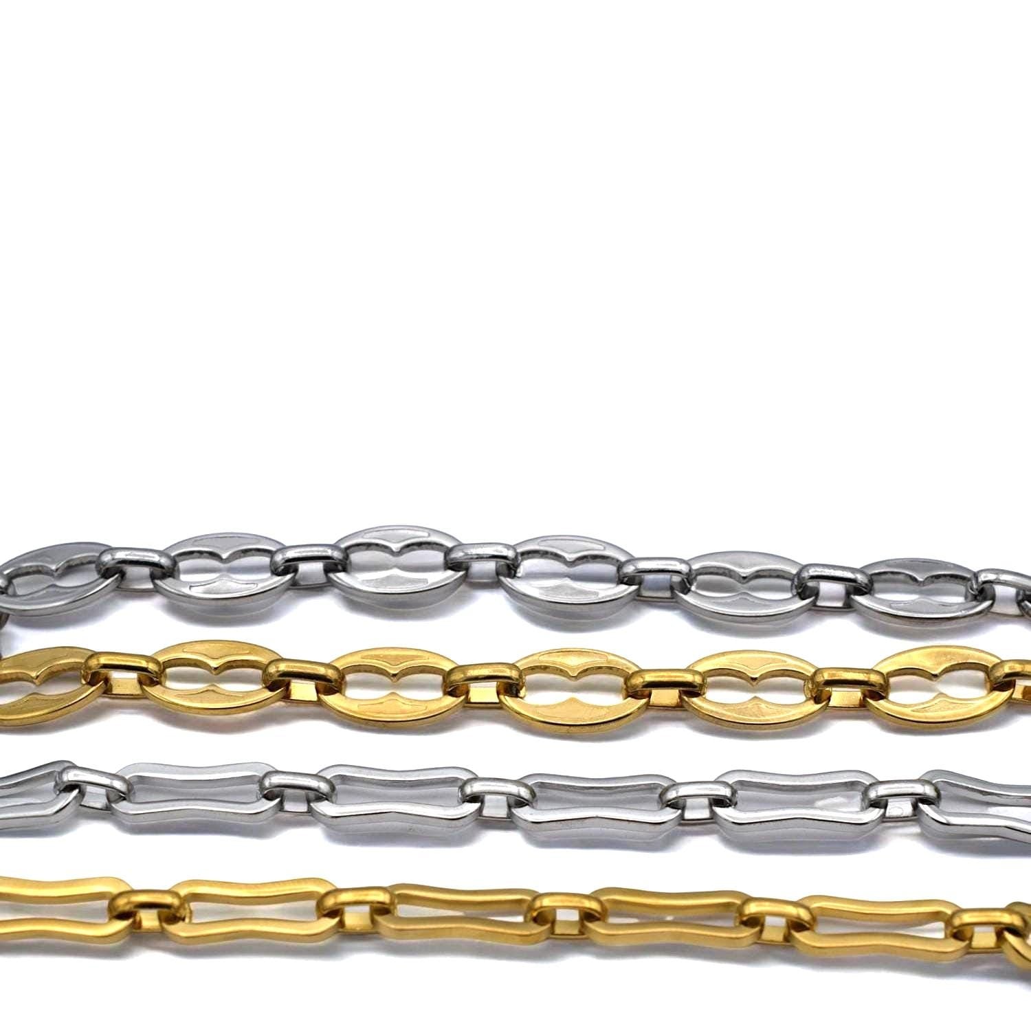Mixed gold and silver chain styles displayed for DIY necklace and bracelet making