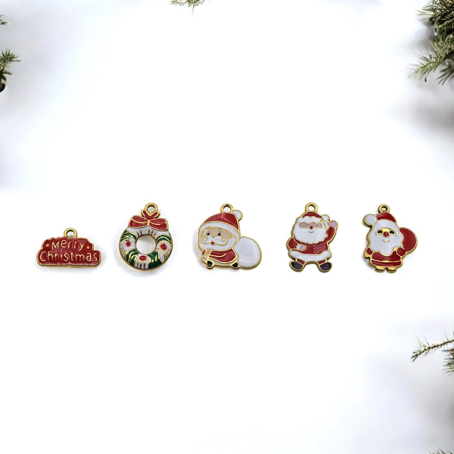 Christmas enamel charms in stainless steel – Santa and wreath pendants for DIY jewelry.