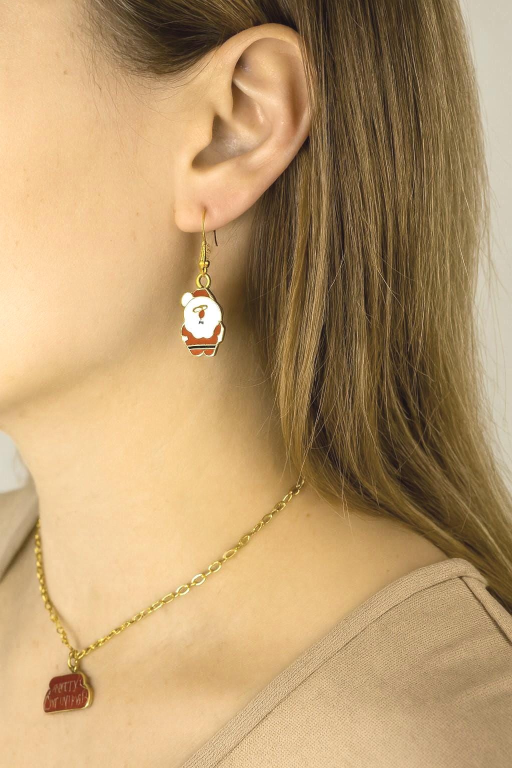 it shows your festive Christmas enamel charms transformed into earrings and a necklace
