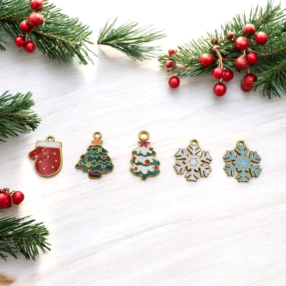 Festive stainless steel Christmas tree charm, green enamel pendant for DIY jewelry making
