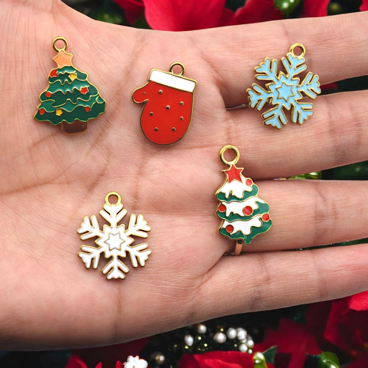 Holiday charms set of 2 – stainless steel enamel mitten and tree pendants in red, green, and gold.