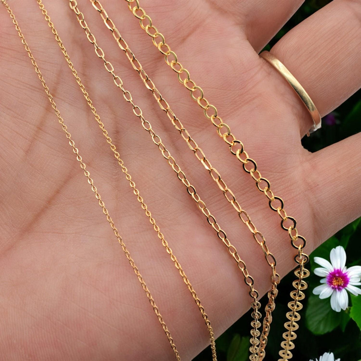 Variety of gold chain link styles displayed side-by-side