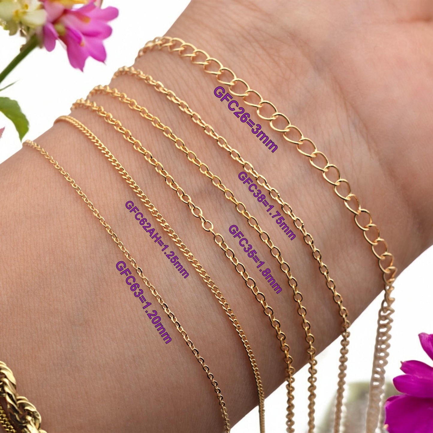 Gold filled chain styles displayed side-by-side from 1.20mm to 3mm for jewelry making