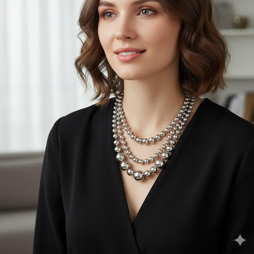 Woman wearing a minimalist necklace made with plain stainless steel beads, highlighting hypoallergenic shine