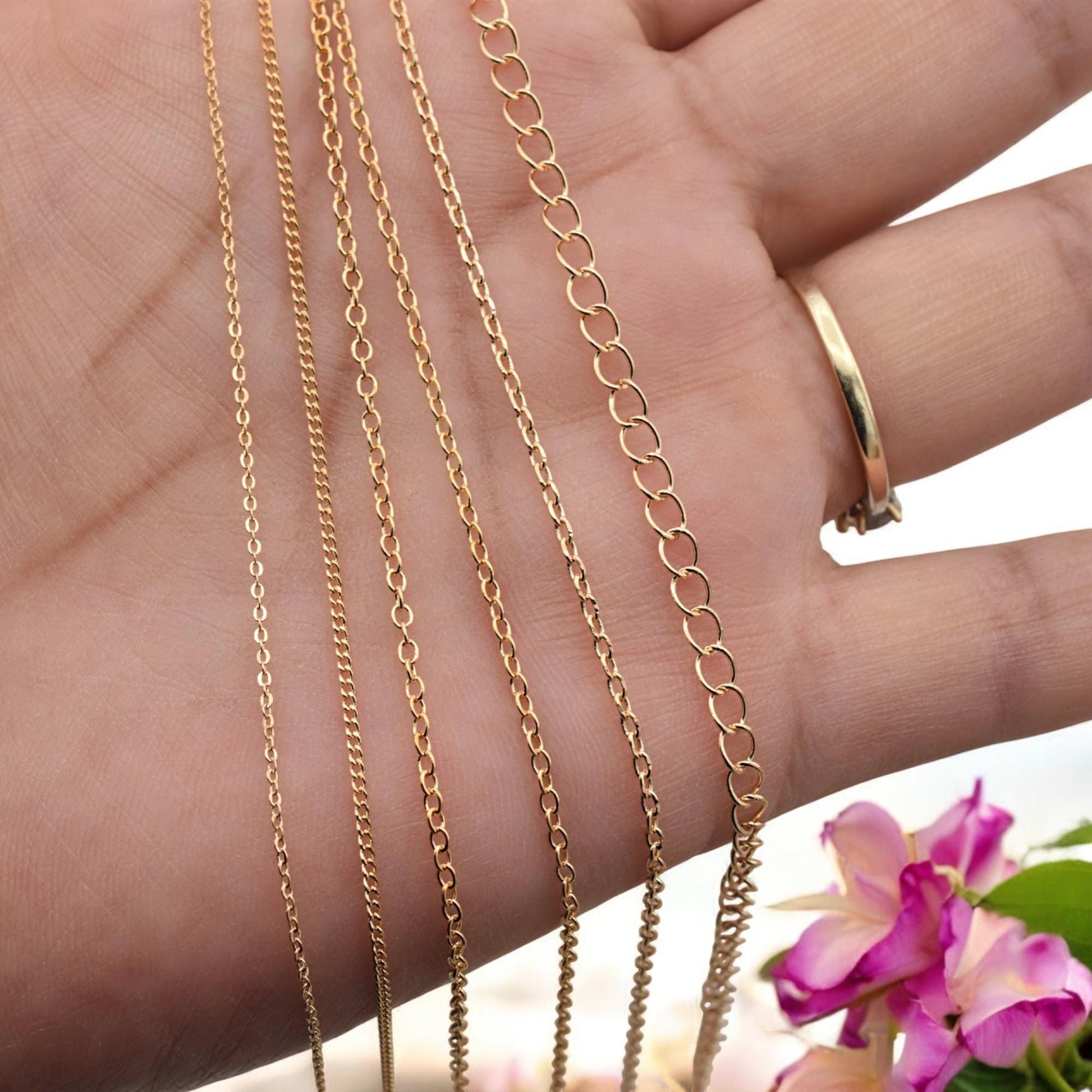 Jewelry making supplies featuring multiple gold chain types sold by foot