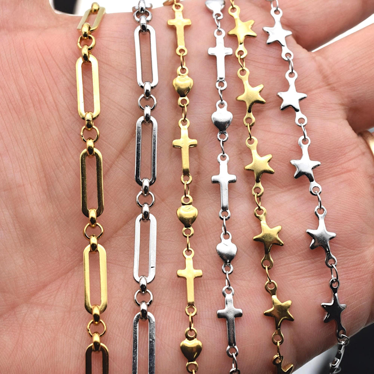 Charm holder chain with stainless steel star and heart links, perfect for bracelets and anklets.