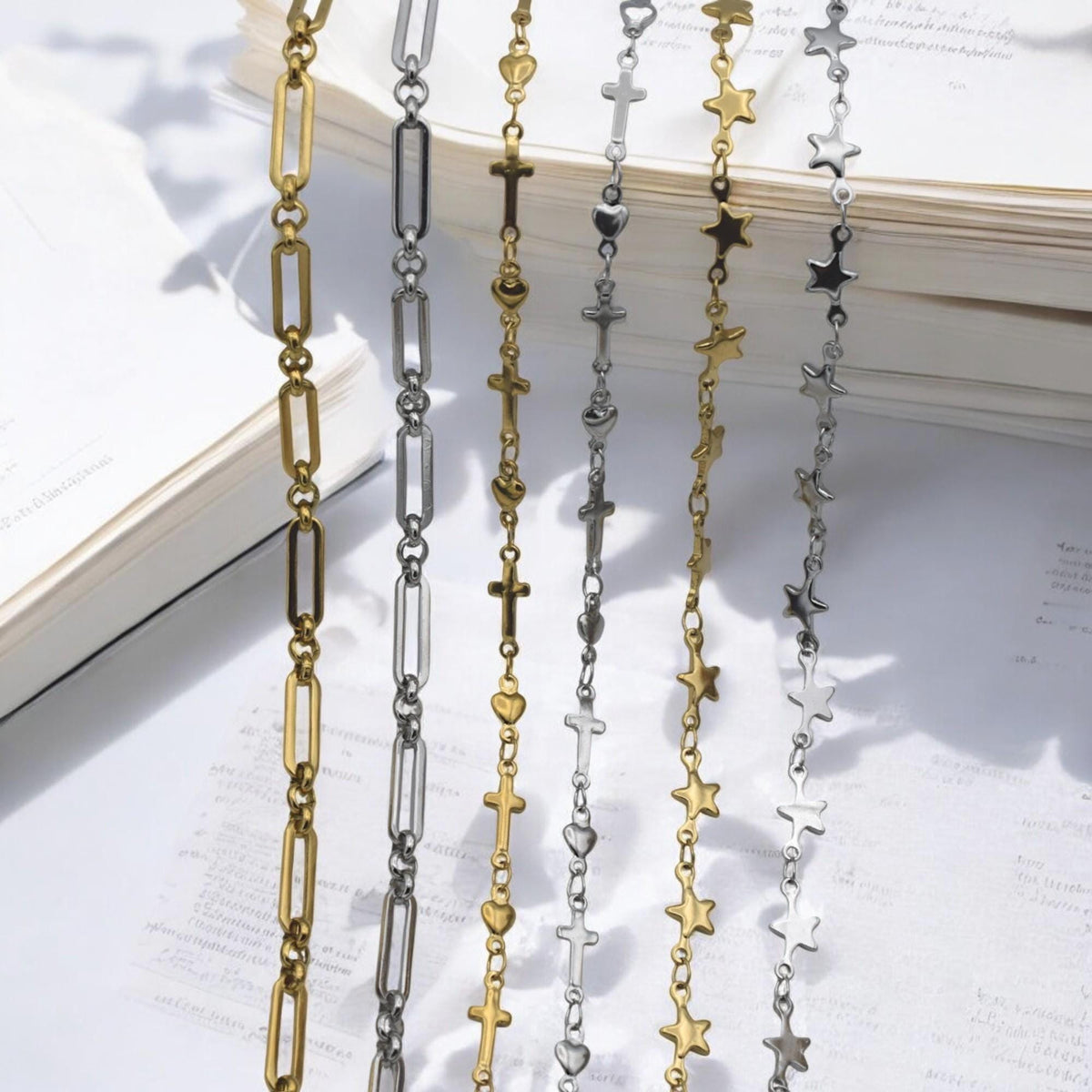 Detailed view of tarnish-resistant stainless steel chain featuring cross and heart links.