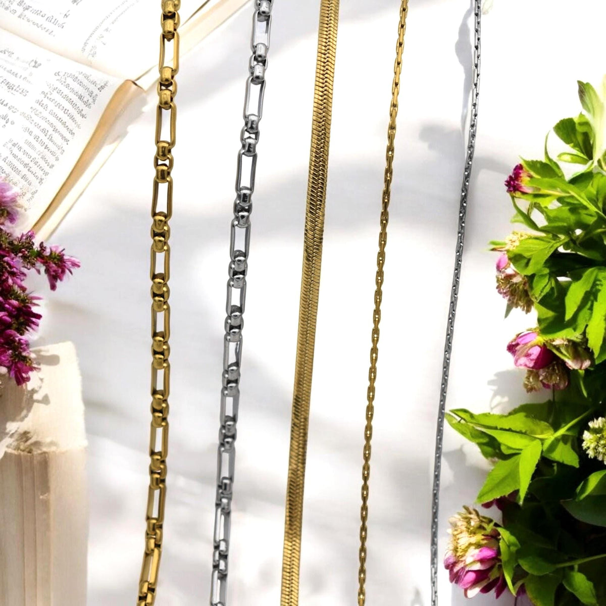 Wholesale stainless steel chain roll showing 11 yards of gold paperclip chain.