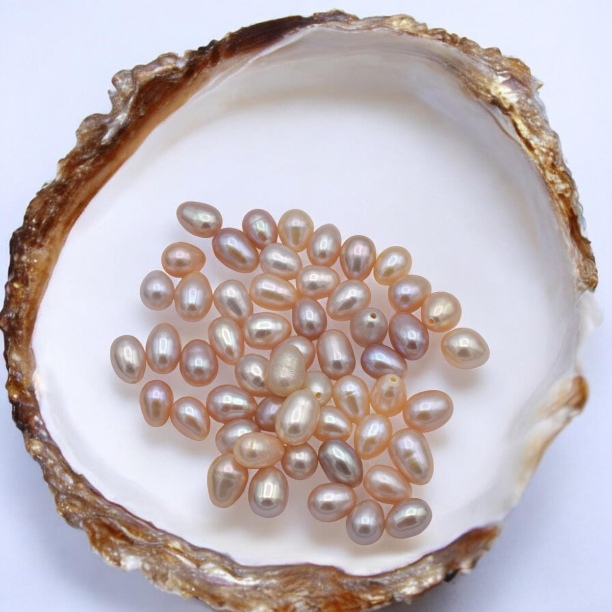 Assorted freshwater pearls in white, cream, black, and blush pink tones.
Perlas de agua dulce surtidas en tonos blanco, crema, negro y rosa suave.