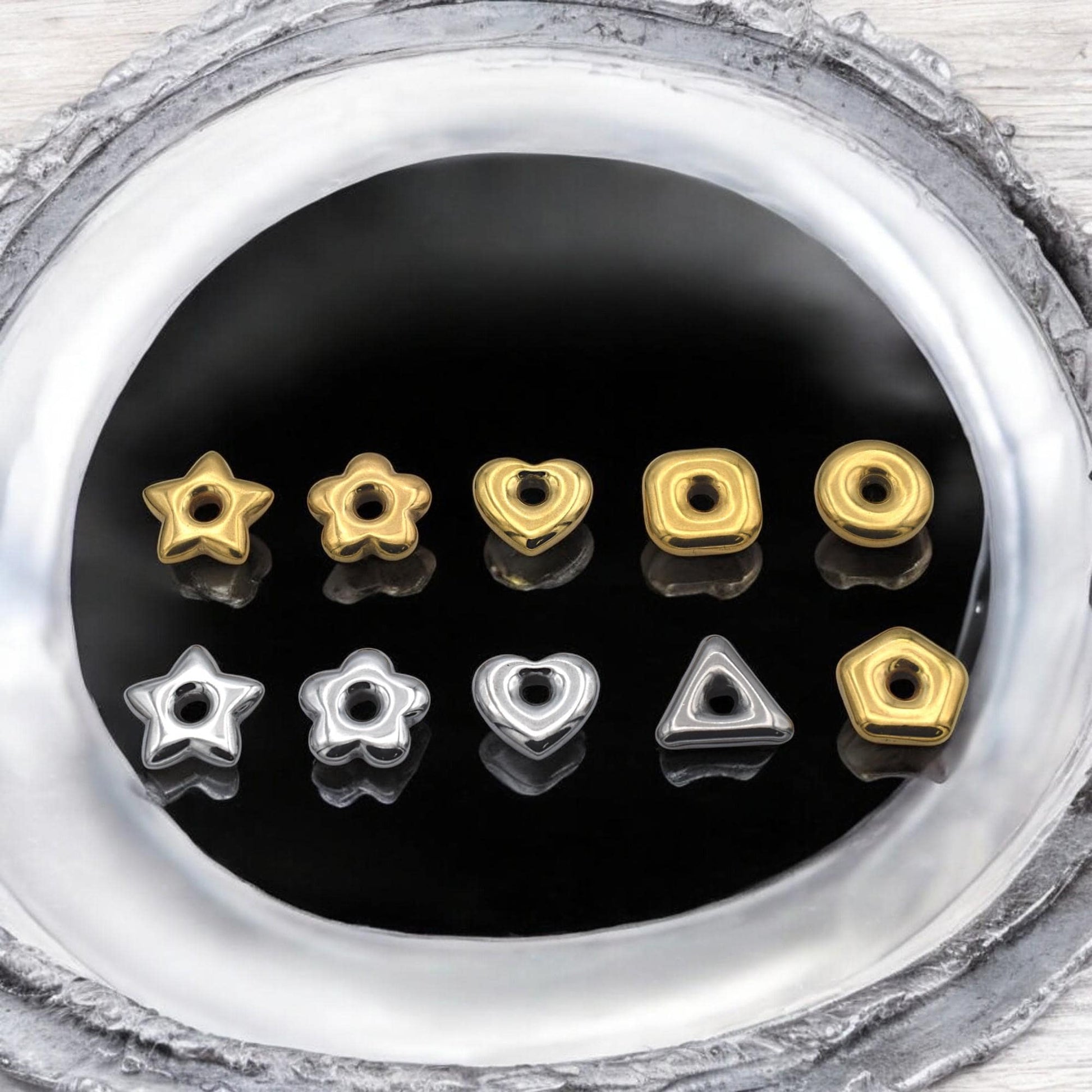 Stainless Steel Star Spacer Beads: Geometric Shapes in Gold & Silver (Large Hole, Hypoallergenic, Lead-Free, 18mm)