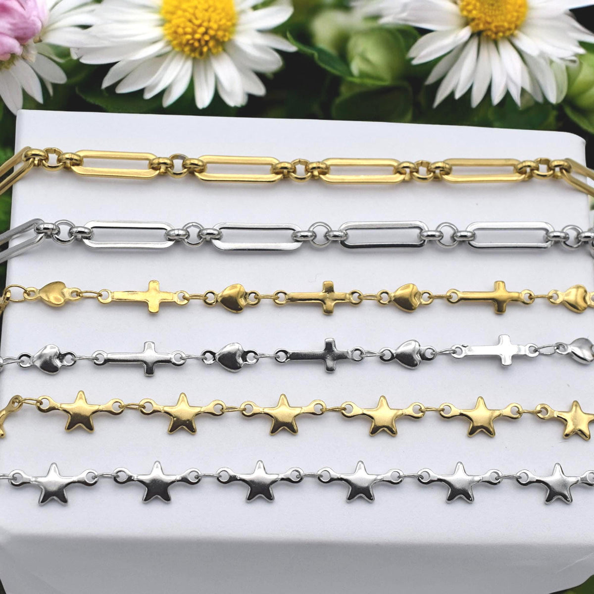 Silver tone star charm chain styled as bracelet base for jewelry crafters.