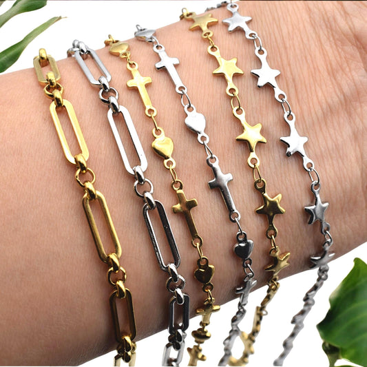 Gold plated stainless steel paperclip chain with star and heart connectors for DIY crafts.
