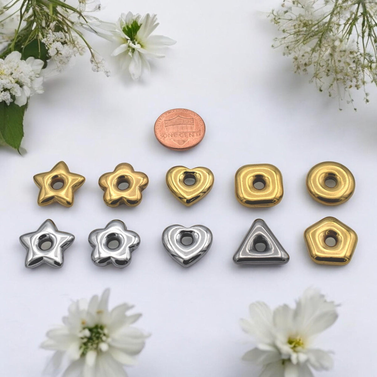 Stainless Steel Star Spacer Beads: Geometric Shapes in Gold & Silver (Large Hole, Hypoallergenic, Lead-Free, 18mm)