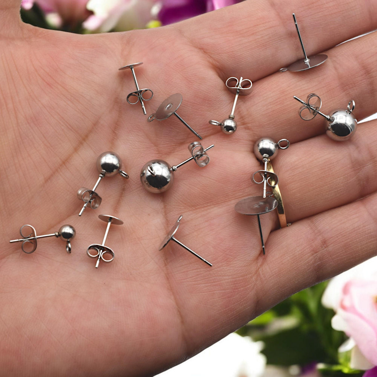 Stainless Steel Stud Flat Pad Posts: Hypoallergenic Earring Findings, Silver Tone, Durable | Cup Studs, Ball Loop Posts, Jewelry Making