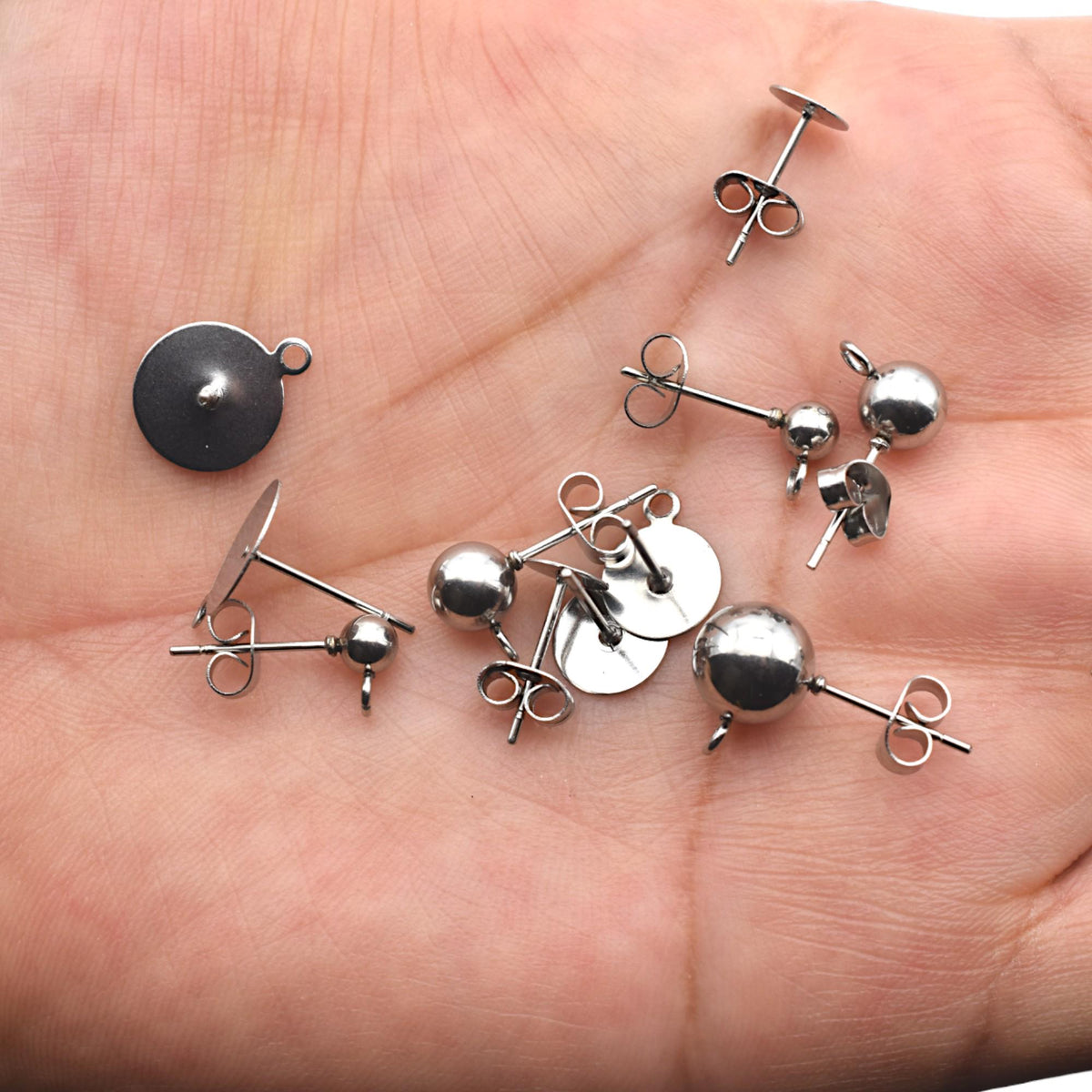Stainless Steel Stud Flat Pad Posts: Hypoallergenic Earring Findings, Silver Tone, Durable | Cup Studs, Ball Loop Posts, Jewelry Making