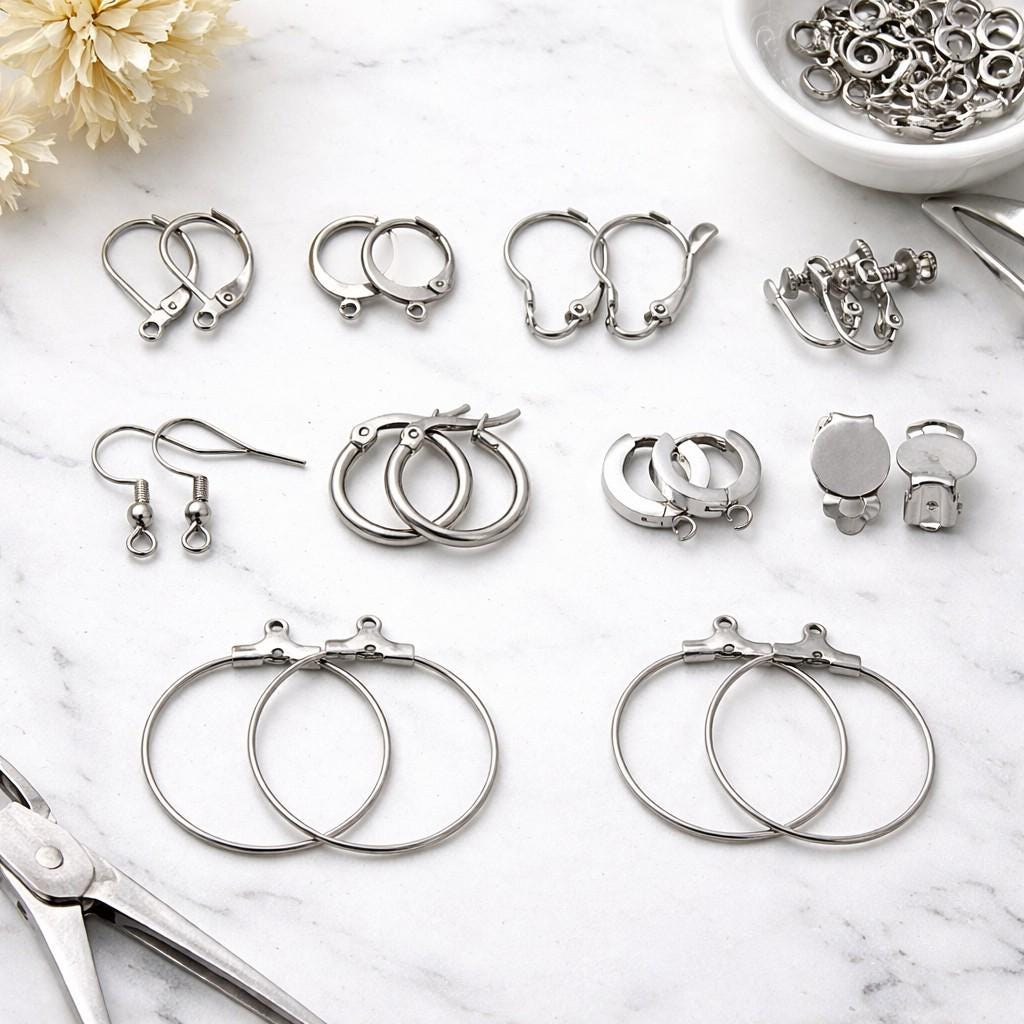 Lever Back Hooks Earring Findings Set, Stainless Steel, Hypoallergenic (Silver Tone, Multiple Styles, DIY Jewelry Makers)