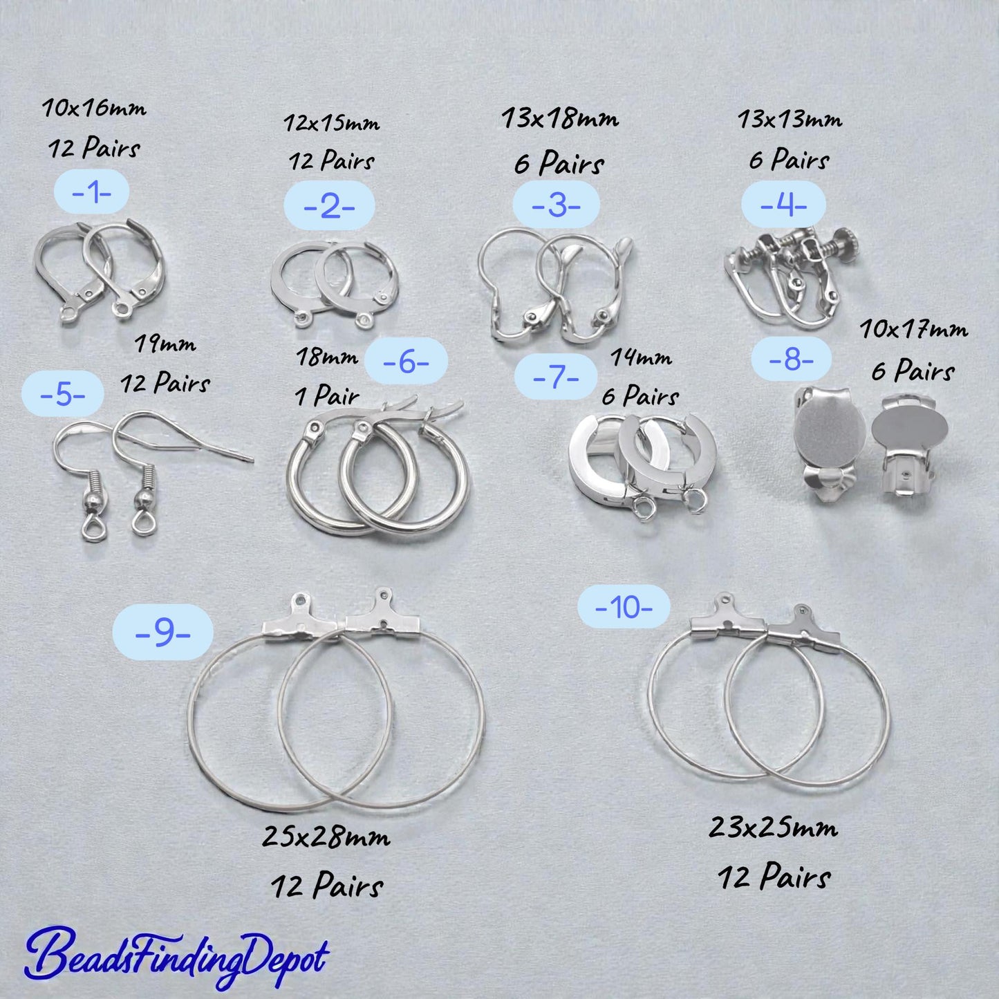Lever Back Hooks Earring Findings Set, Stainless Steel, Hypoallergenic (Silver Tone, Multiple Styles, DIY Jewelry Makers)