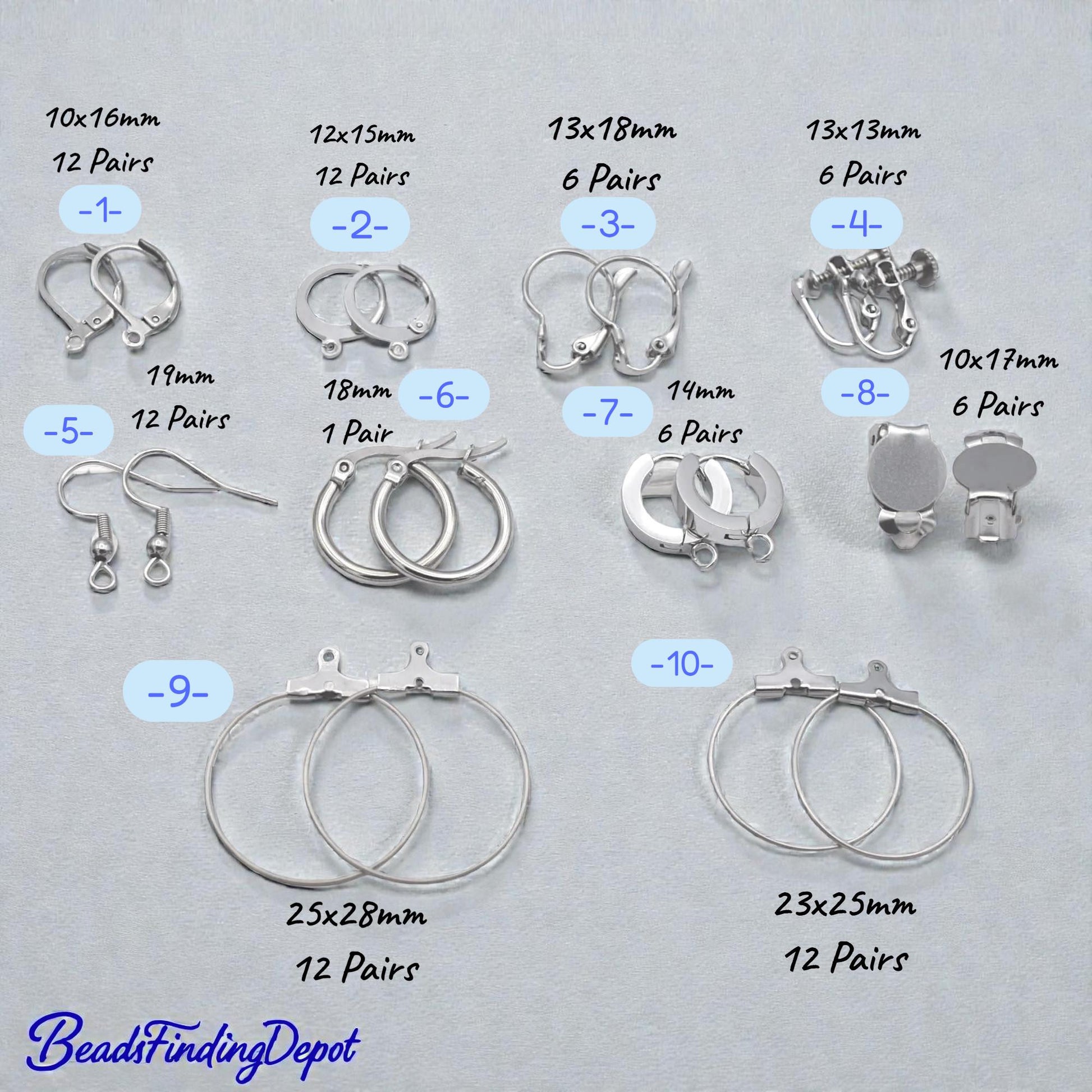 Lever Back Hooks Earring Findings Set, Stainless Steel, Hypoallergenic (Silver Tone, Multiple Styles, DIY Jewelry Makers)