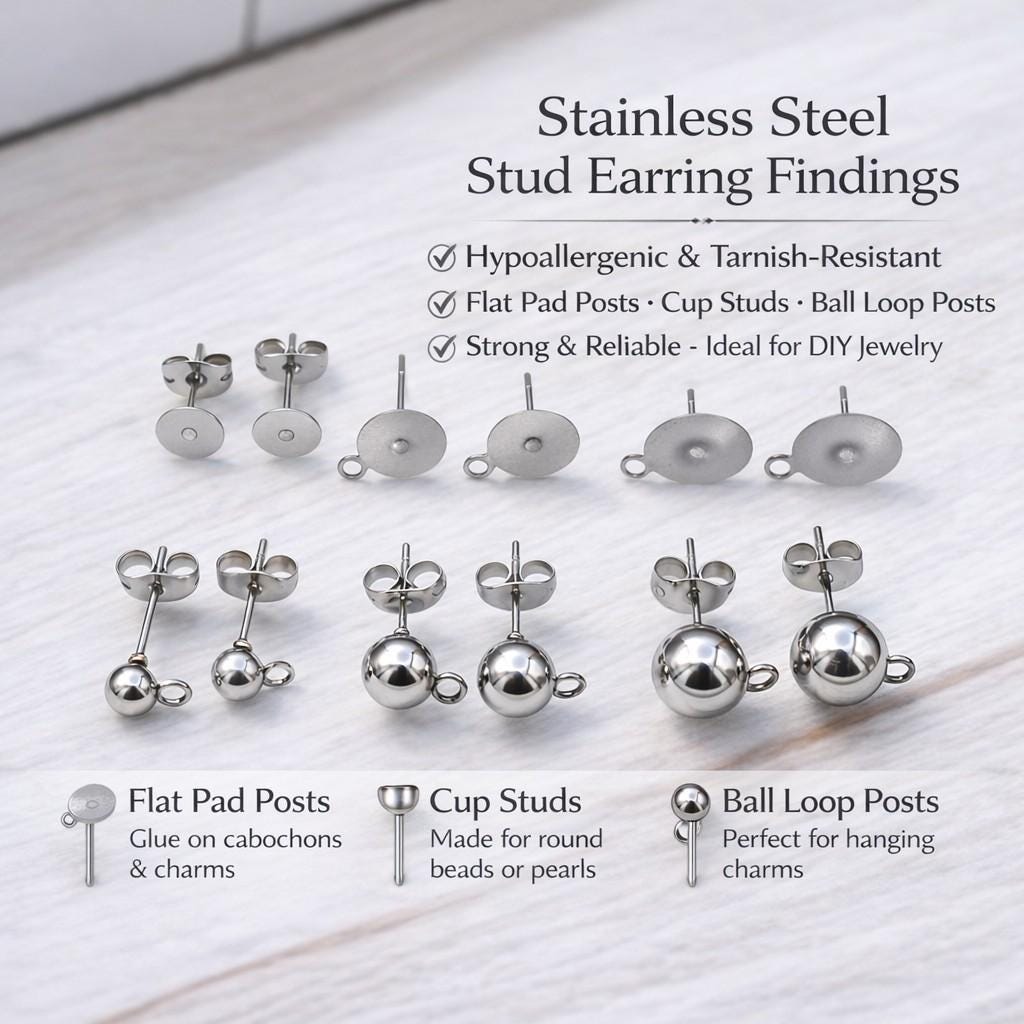 Stainless Steel Stud Flat Pad Posts: Hypoallergenic Earring Findings, Silver Tone, Durable | Cup Studs, Ball Loop Posts, Jewelry Making