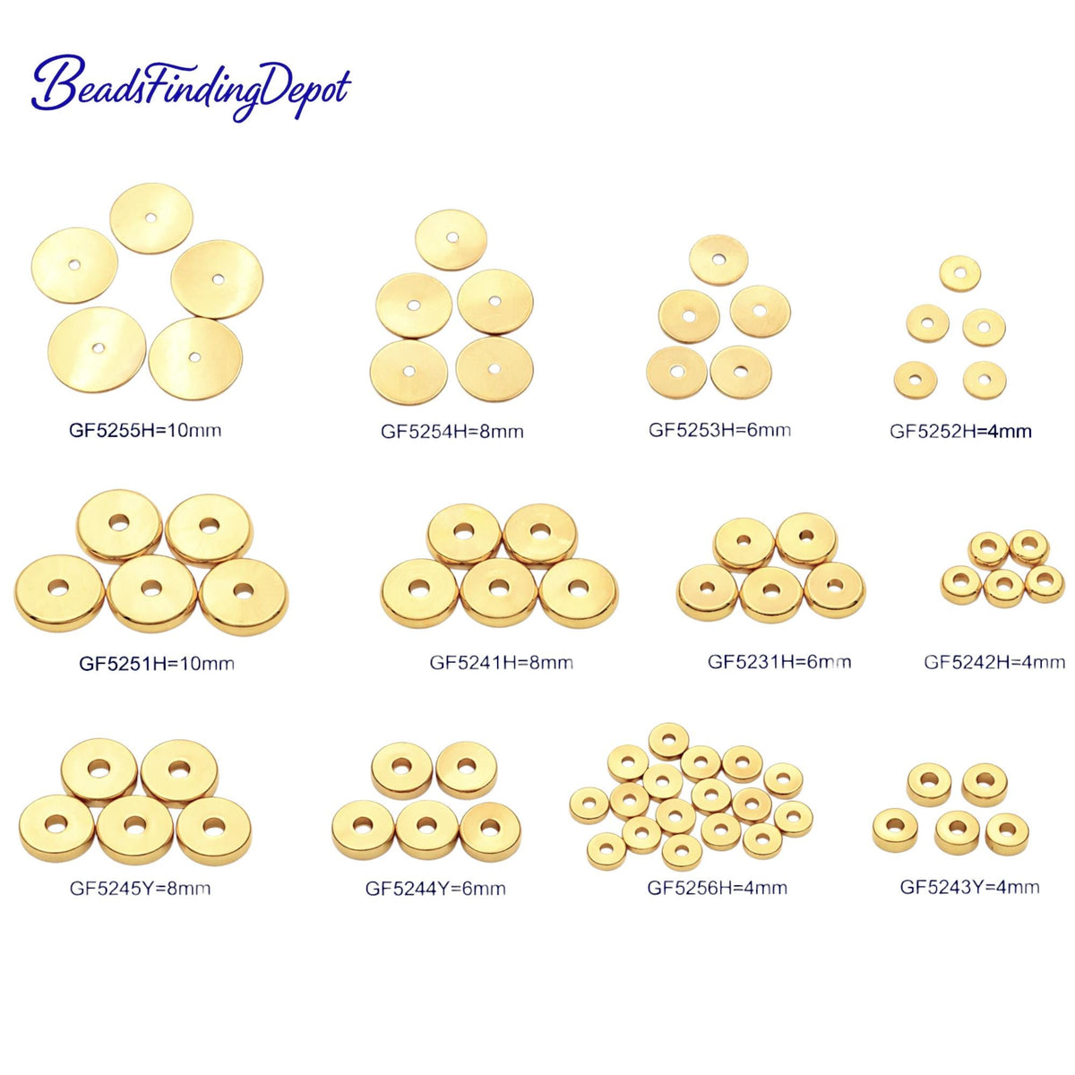 8mm seamless gold rondel beads arranged to show uniform round shape.
Cuentas rondel doradas de 8mm organizadas para mostrar su forma redonda uniforme.