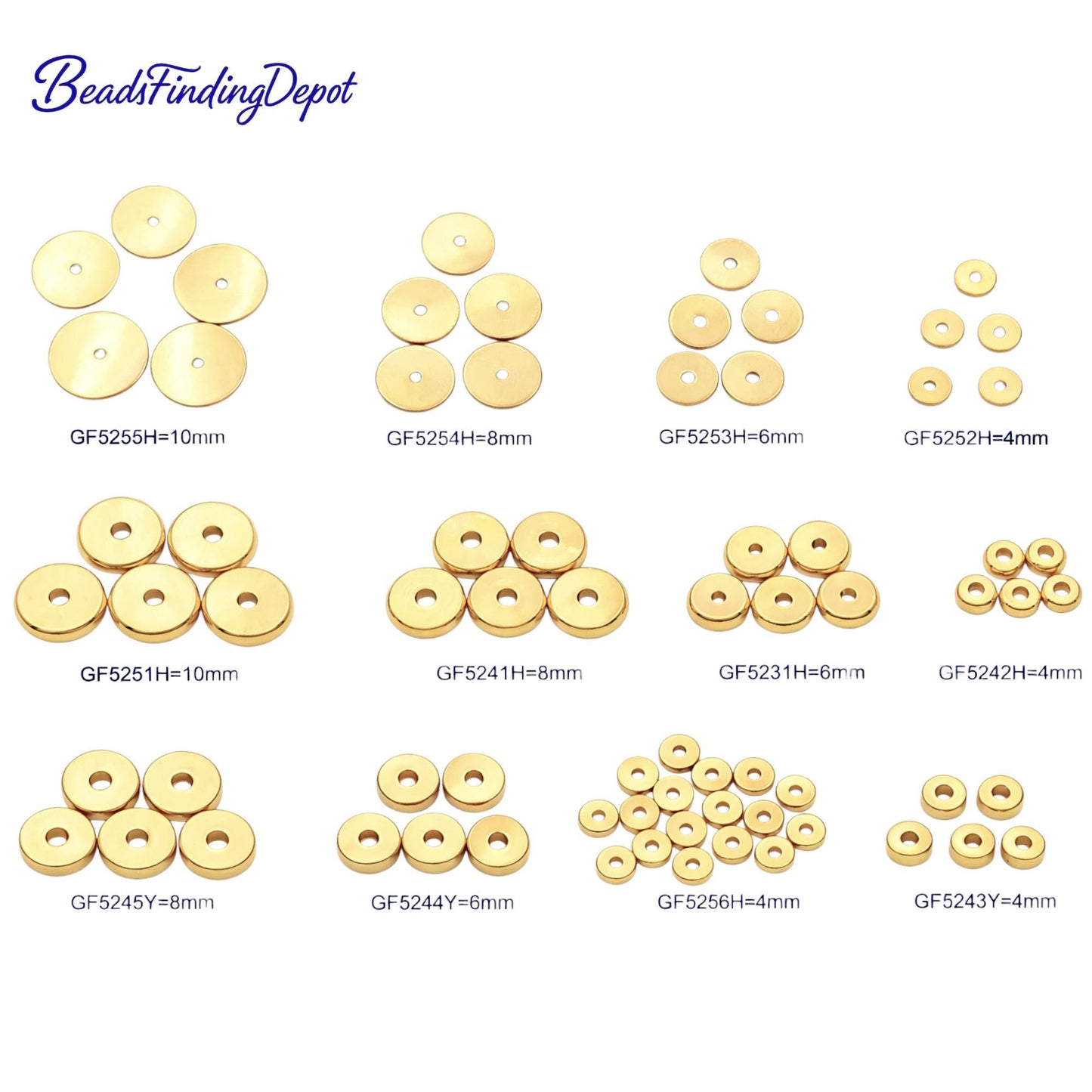 8mm seamless gold rondel beads arranged to show uniform round shape.
Cuentas rondel doradas de 8mm organizadas para mostrar su forma redonda uniforme.