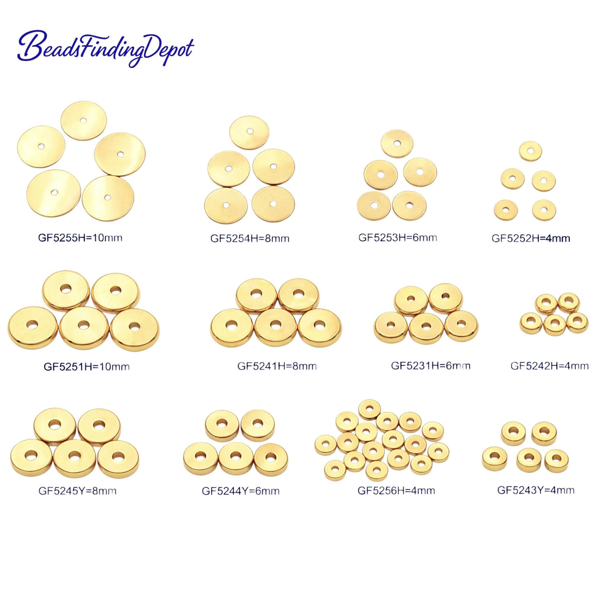 8mm seamless gold rondel beads arranged to show uniform round shape.
Cuentas rondel doradas de 8mm organizadas para mostrar su forma redonda uniforme.