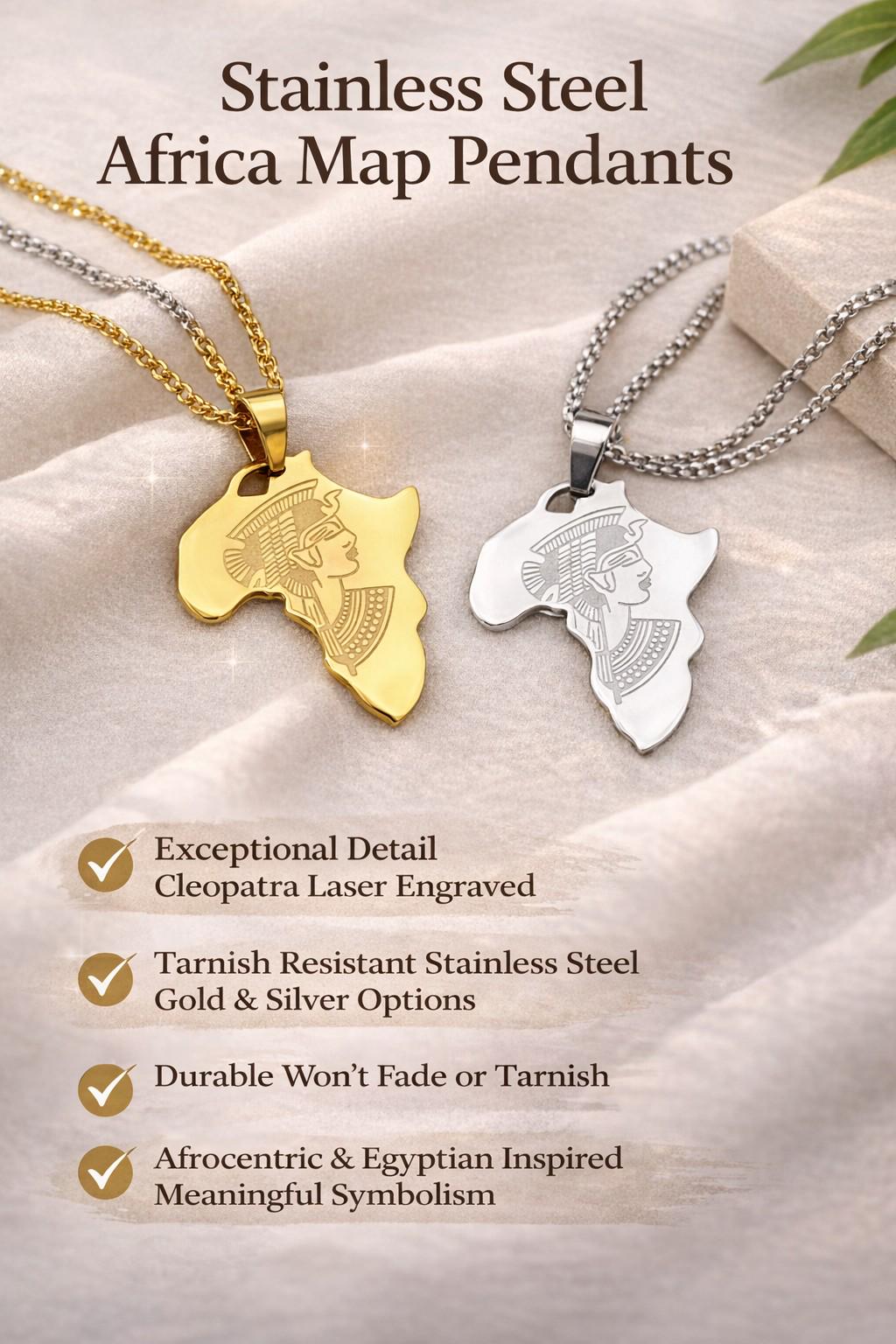 Africa Map Pendant Necklace Afrocentric Charm, Cleopatra Engraving (27x37mm, Gold & Silver Tone Stainless Steel)
