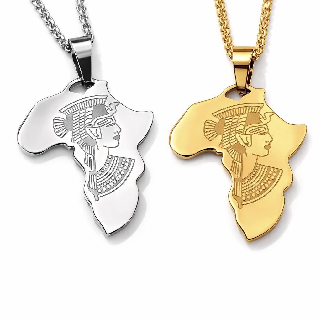 Africa Map Pendant Necklace Afrocentric Charm, Cleopatra Engraving (27x37mm, Gold & Silver Tone Stainless Steel)