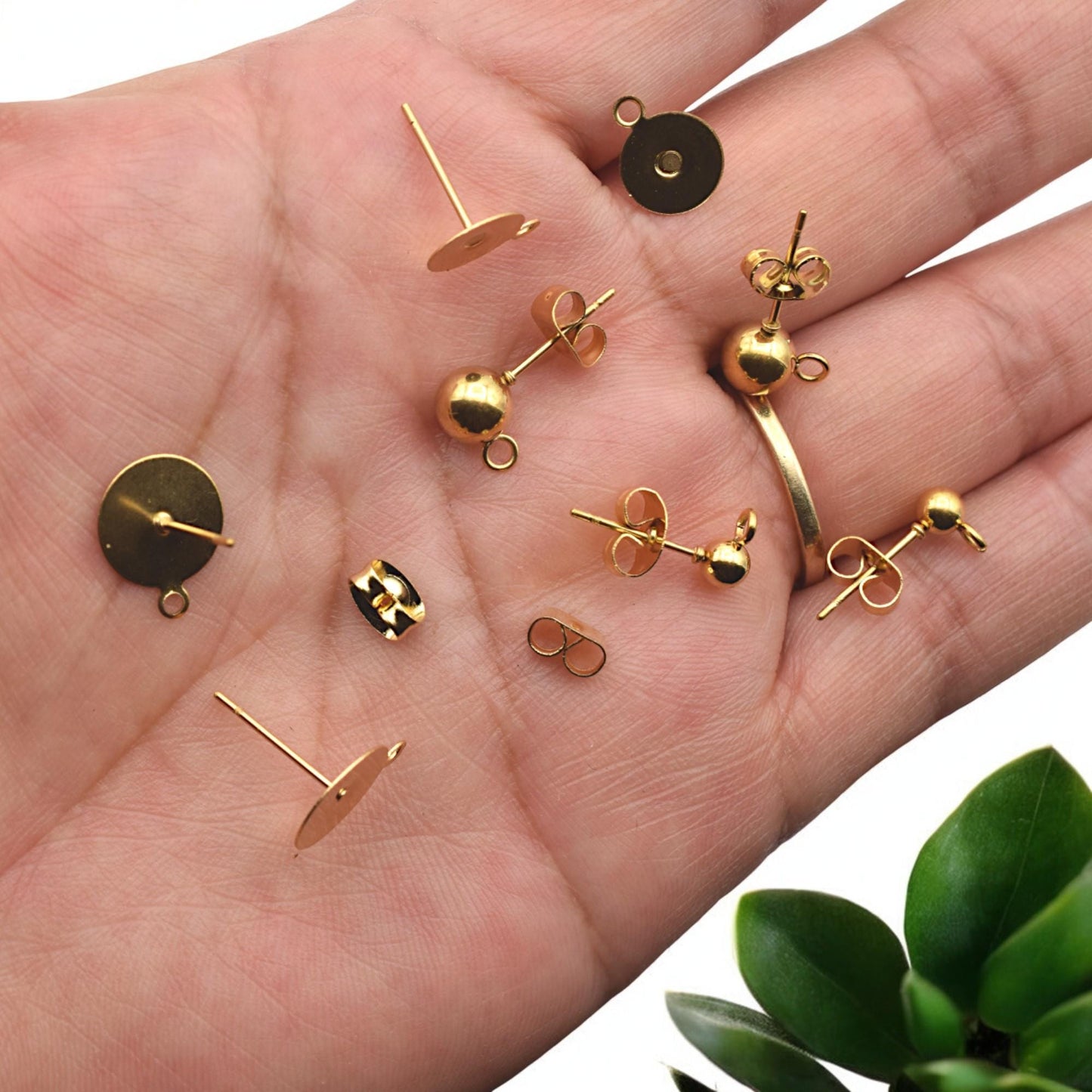 Gold Stainless Steel Stud Earring Posts Flat Pad with Loop & Ball Stud Findings Hypoallergenic Jewelry Making Supplies